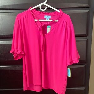 Pink Flutter Sleeve Blouse with Tie Front